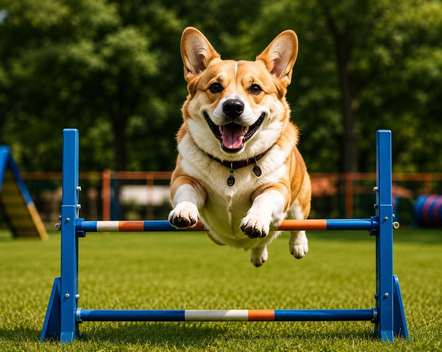Corgi jumping hurdle