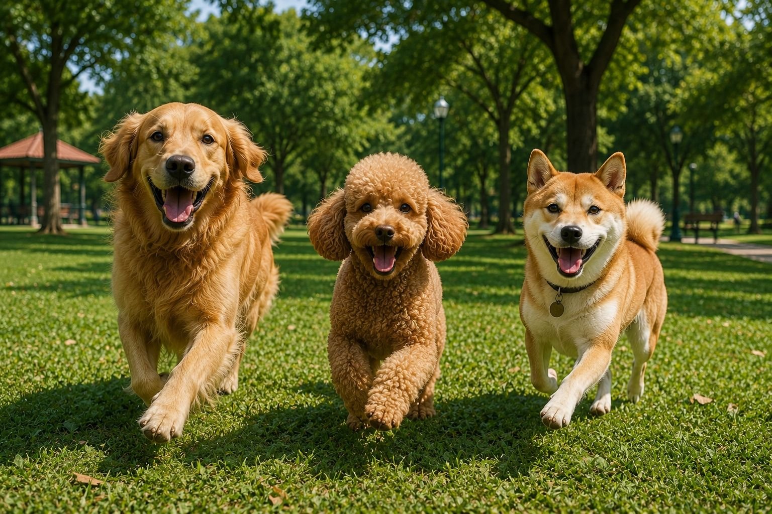 Golden retriever, poodle and shiba inu running together